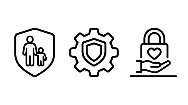 Set of security and family protection line icons including shield with people gear shield and heart padlock in hand security protection cybersecurity development interface business maintenance