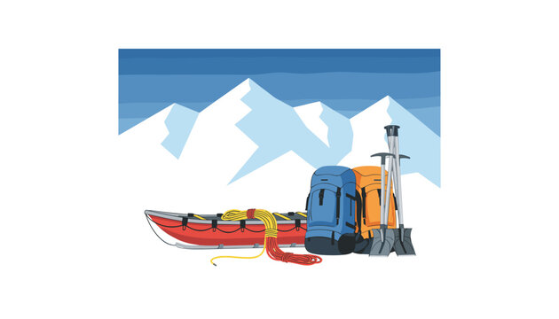 Professional mountaineering gear featuring backpacks, a red rescue sled, ice tools, and climbing ropes in front of snowy peaks.