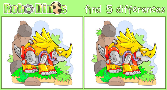 cute robot dinosaur styracosaurus, find five differences