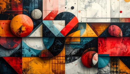 Fototapeta premium An abstract, geometric composition featuring a mosaic of shapes. Circles, squares, and triangles intertwine, colored in vibrant, textured hues
