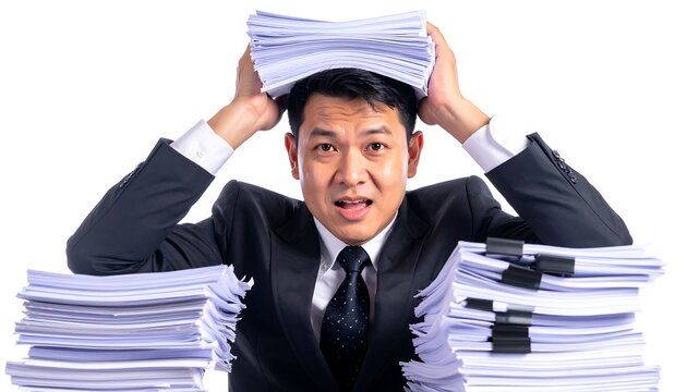 An Asian man in a suit is overwhelmed, holding a stack of papers on his head and looking stressed