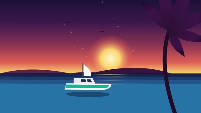 Tropical Sunset Ocean Landscape with Sailboat and Palm Tree Vector Animation