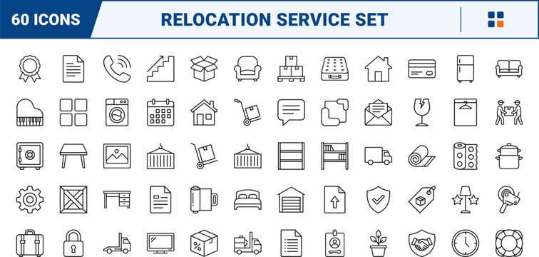 Moving company website kit line icon set. Vector pictograms of relocation, logistics, packing, and boxes elements, thin linear illustration.