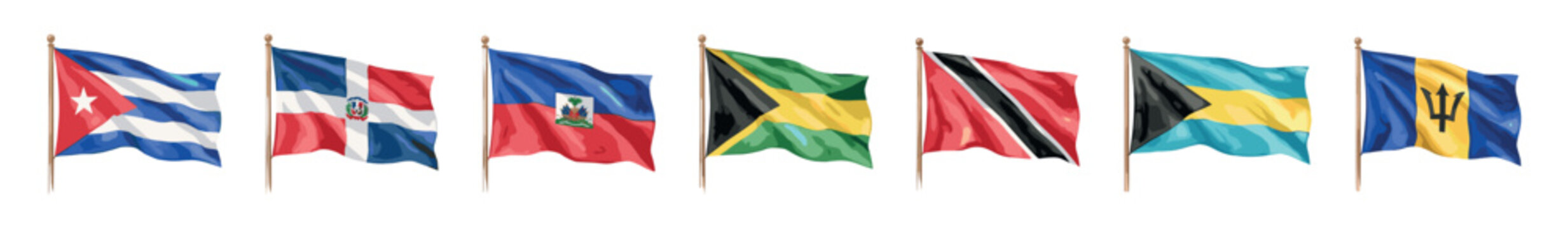 Caribbean flags collection displaying national symbols in watercolor style