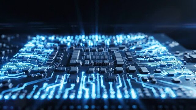 Electric blue sparks emanate from a microchip on a circuit board, showcasing intricate pathways and components in a dark, high-tech environment