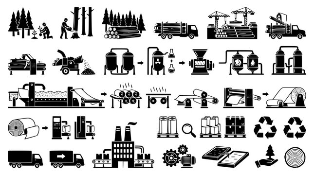 Black Paper Production Process Vector Set with Wood Manufacturing Industry Infographic Collection