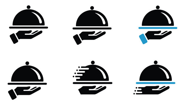 Food Delivery Icon set, catering service and restaurant symbols featuring serving cloche, food delivery