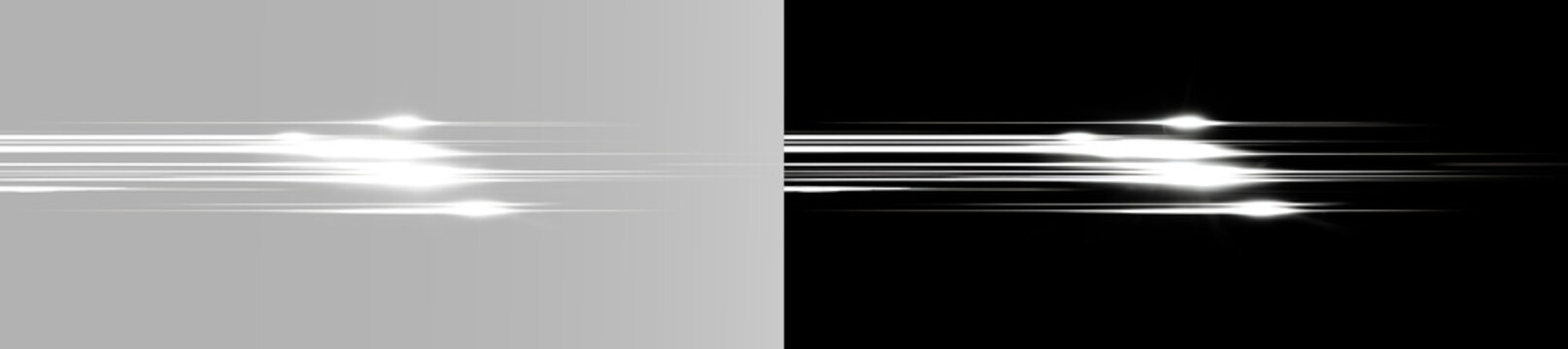 White glowing speed lines with bright horizontal light streaks, fast motion trails, luminous energy beams and dynamic movement effect
