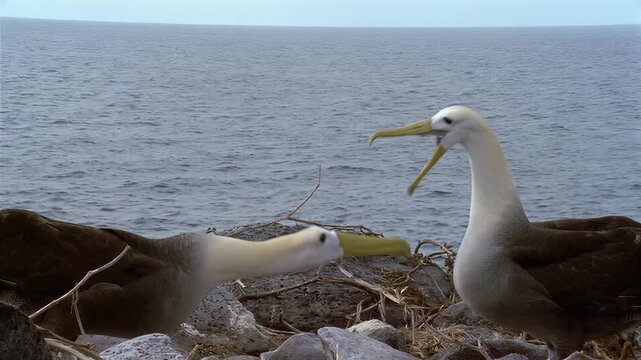 Majestic albatrosses nesting on rocky shores with the vast ocean in the background