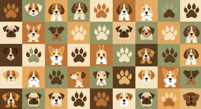 Colorful Dog Breed Faces and Paw Prints Pattern