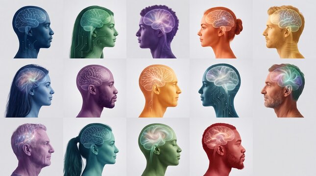 A vibrant collection of diverse human profiles showcasing different emotional states and brain representations.
