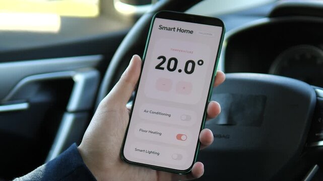 Smartphone displaying a clean smart home control panel with temperature set to 20.0 degree. Interface shows air conditioning, floor heating, and smart lighting toggles. Represents modern home