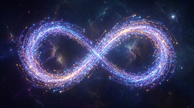 Cosmic infinity loop with glowing particle trails in deep space with futuristic
