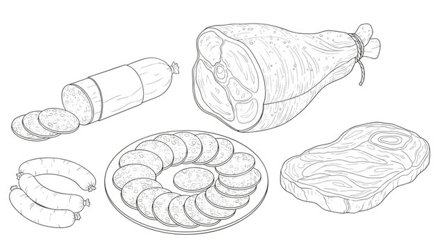 Pencil illustration featuring a cured ham leg, slices of sausage, and a piece of meat arranged on a plain white background.