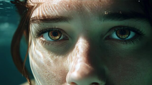 Close-up underwater portrait of a young woman's face with a fish swimming nearby