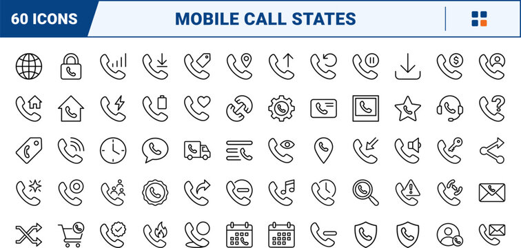 Phone call states line icon set. Vector pictograms of communication, interface, calling, and status elements, thin linear illustration.