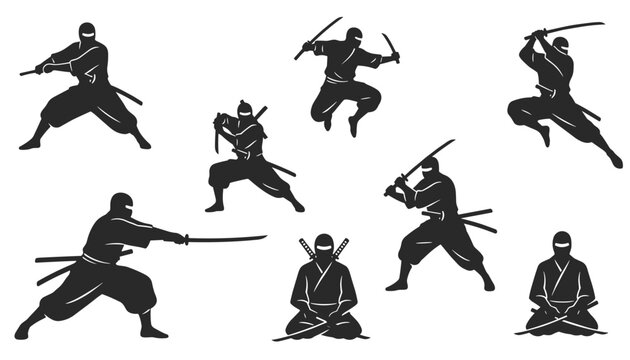 Set of ninja warrior silhouettes demonstrating various fighting and sword combat stances against a solid white background.
