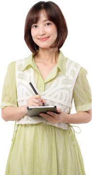 Happy young Asian woman artist holding digital tablet stylus drawing standing against isolated transparency background creating artwork graphics design confident smile. PNG file format