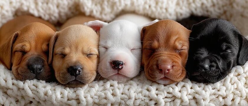 Five sleeping puppies snuggle together on a cozy blanket, their innocent faces a picture of peaceful slumber and unconditional love.