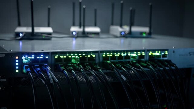 Medium shot of a hybrid equipment rack showcasing illuminated IP switches in sharp focus with blurred RF routers in the background emphasizing signal routing technology.