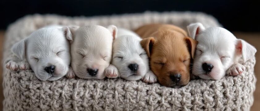 Five adorable puppies sleeping soundly in a woven basket. Their peaceful slumber creates a heartwarming scene of innocence and comfort.