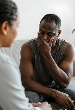 African american man experiencing emotional distress during a therapy session with a female counselor, He is sitting on a sofa with his hand covering his face, expressing sadness and vulnerability