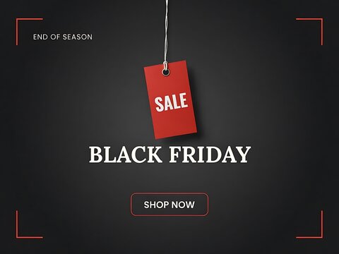 Promotional sale tag design for Black Friday end of season shopping event featuring red tag with sale text and elegant font for the promotional message