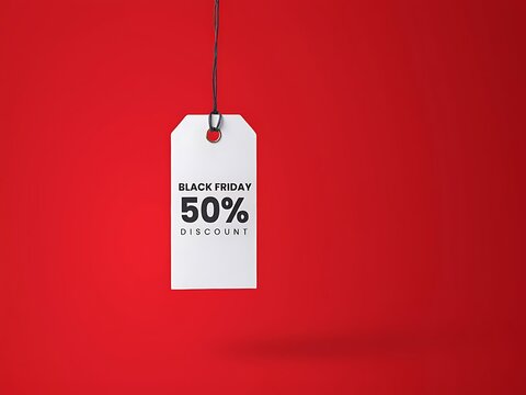 Stylish discount tag hanging against a vibrant red background with text indicating a special sale event showcasing a percentage off on products no brands included