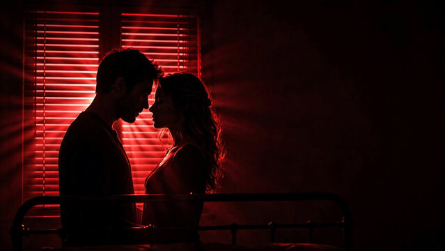 Silhouettes of a loving couple in dark room with red cinematic backlight from window blinds, suitable for romance advertising, film posters and drama