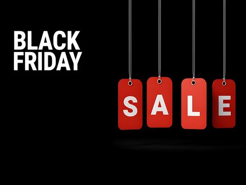 Promotional offer tags for Black Friday sale with red price tags hanging on strings displaying SALE message for seasonal shopping events and discounts