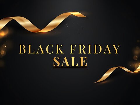 Golden ribbons with festive bokeh effects on a dark background creating an elegant promotional artwork for seasonal sales and special offers showcasing discount opportunities