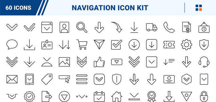 Dropdown menu arrow line icon set. Vector pictograms of chevron, navigation, interface, and kit elements, thin linear illustration.