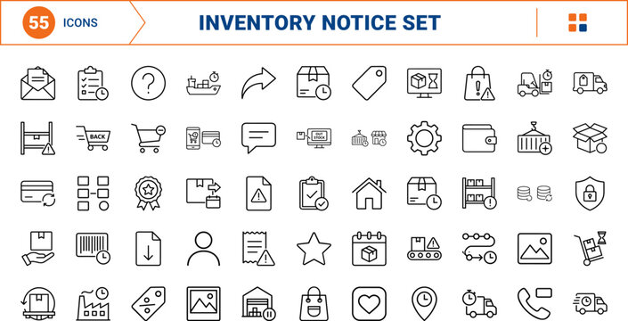 Backorder notice line icon set. Vector pictograms of out, ecommerce, inventory, and delayed elements, thin linear illustration.