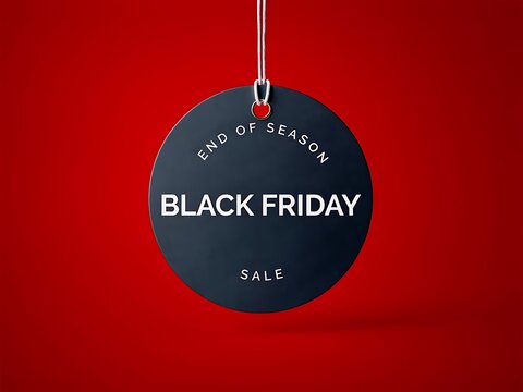 End of season sale tag with black friday text isolated on red background and featuring a circular shape and hanging string
