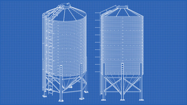 Storage Grain Silo design and engineering - technical drawing blueprint. 3D rendering isolated on blue background. Ideal for professionals, educational, engineering design