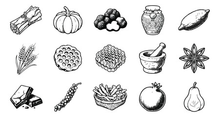 Fototapeta premium Vintage hand drawn food icons set, 15 black and white organic ingredient vectors, rustic culinary sketches for menu design and packaging