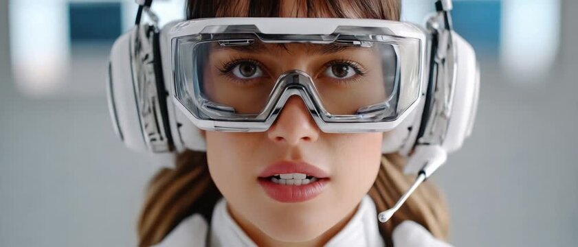 Futuristic Goggles and Headset: A close-up portrait of a young woman wearing advanced futuristic goggles and a headset, looking intently at the viewer.
