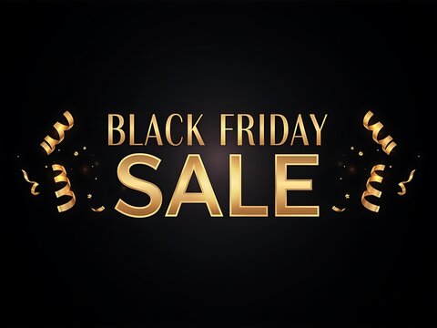 Gold text with Black Friday Sale celebration elements in a dynamic design featuring confetti and ribbons suitable for promotional graphics and advertising material