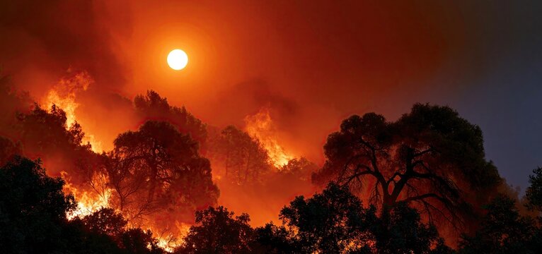 In a parched forest, intense wildfire flames highlight the severe impact of drought and climate change.