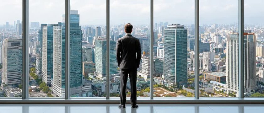 Visionary Outlook: A lone businessman in a sharp suit stands with his back to the camera, gazing out of a panoramic window at a sprawling, modern cityscape. The image evokes ambition, foresight.
