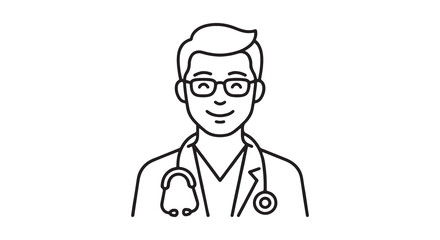 Fototapeta premium Simple line art icon of a male doctor wearing glasses and a stethoscope.