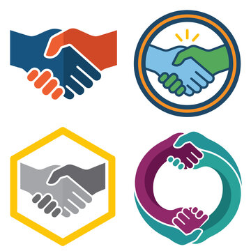 An assortment of colorful handshake logos showcasing diversity and collaboration, representing unity, agreement, and positive relationships in a modern style.