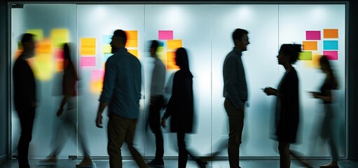 Obraz premium Behind frosted glass, colorful task cards highlight a busy office environment full of energy and focus.