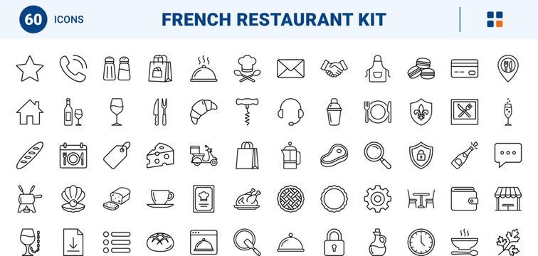 French restaurant website line icon set. Vector pictograms of bistro, dining, online, and reservation elements, thin linear illustration.