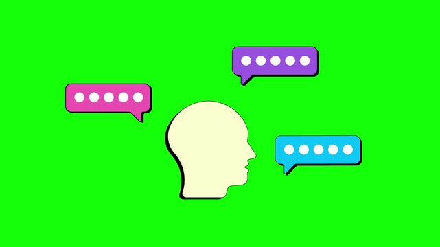 Animated Human Head Silhouette with Colorful Speech Bubbles for Communication and Conversation Illustration.