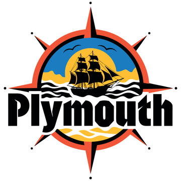 Plymouth Historic Sailing Ship Logo Vector. Maritime adventure emblem with compass rose, sun, and ocean waves. Perfect for travel, heritage, and destination branding