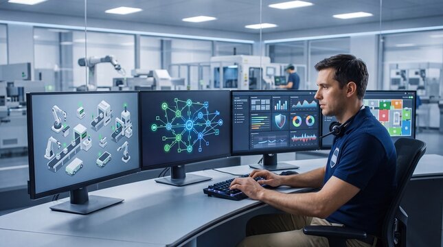 An engineer analyzes data on multiple screens in a modern tech workspace showcasing innovation and precision.