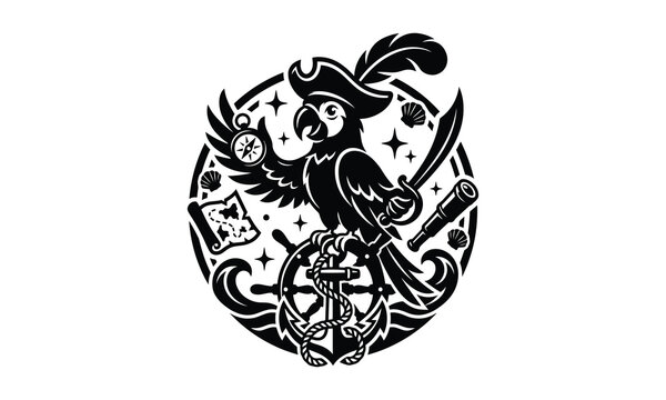pirate parrot navigator, pirate parrot silhouette, navigator parrot vector, pirate bird illustration, parrot silhouette vector, pirate mascot bird, nautical parrot logo, pirate companion vector