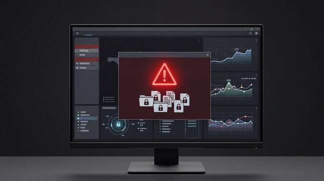 Computer monitor displaying error alerts and analytics graphs, warning about potential issues in data management.