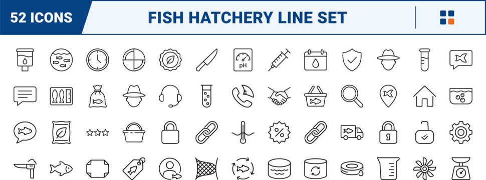 Fish farm website line icon set. Vector pictograms of aquaculture, farming, hatchery, and water elements, thin linear illustration.